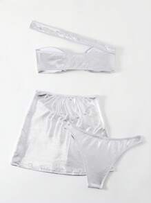 SHEIN Swim Ensemble de 3 pièces pour femmes: Bikini métallique à une épaule avec bas séparés et rashguard, pour l'été