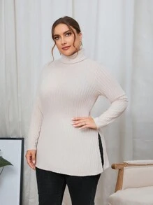 SHEIN Essnce 大碼高領條紋針織T恤 - 杏色 - 查看 3