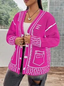 SHEIN Qutie Plus Size Women'S Striped Drop Shoulder Cardigan Sweater - Hot Pink - View 6