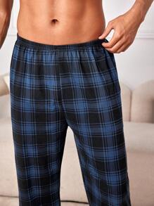 Męskie spodnie do spania w kratę w kolorze królewskiego błękitu, z kieszeniami, z materiału o średniej elastyczności, wygodne, do noszenia w domu, na jesień