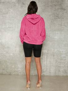 SHEIN SXY 女款純色落肩連帽抓絨運動衫 - 玫紅色 - 查看 2