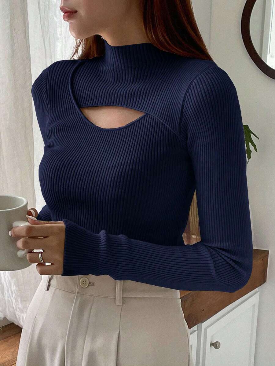 DAZY Solid Color Hollow Turtleneck Sweater,Long Sleeve Tops,Fall Clothes - Navy Blue - View 1