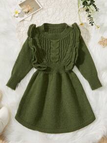 寶貝女孩可愛簡約的荷葉邊針織連身裙 - 軍綠色 - 查看 1