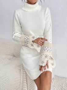 SHEIN Essnce 拼接圓領毛衣連衣裙,帶有開叉袖子 - 白色 - 查看 5