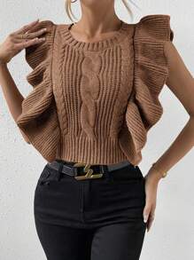 SHEIN Essnce Của phụ nữ Ruffle Áo len vest - màu nâu - Xem 1