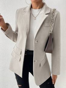 SHEIN LUNE 單排扣假袋西裝外套 - 杏色 - 查看 4