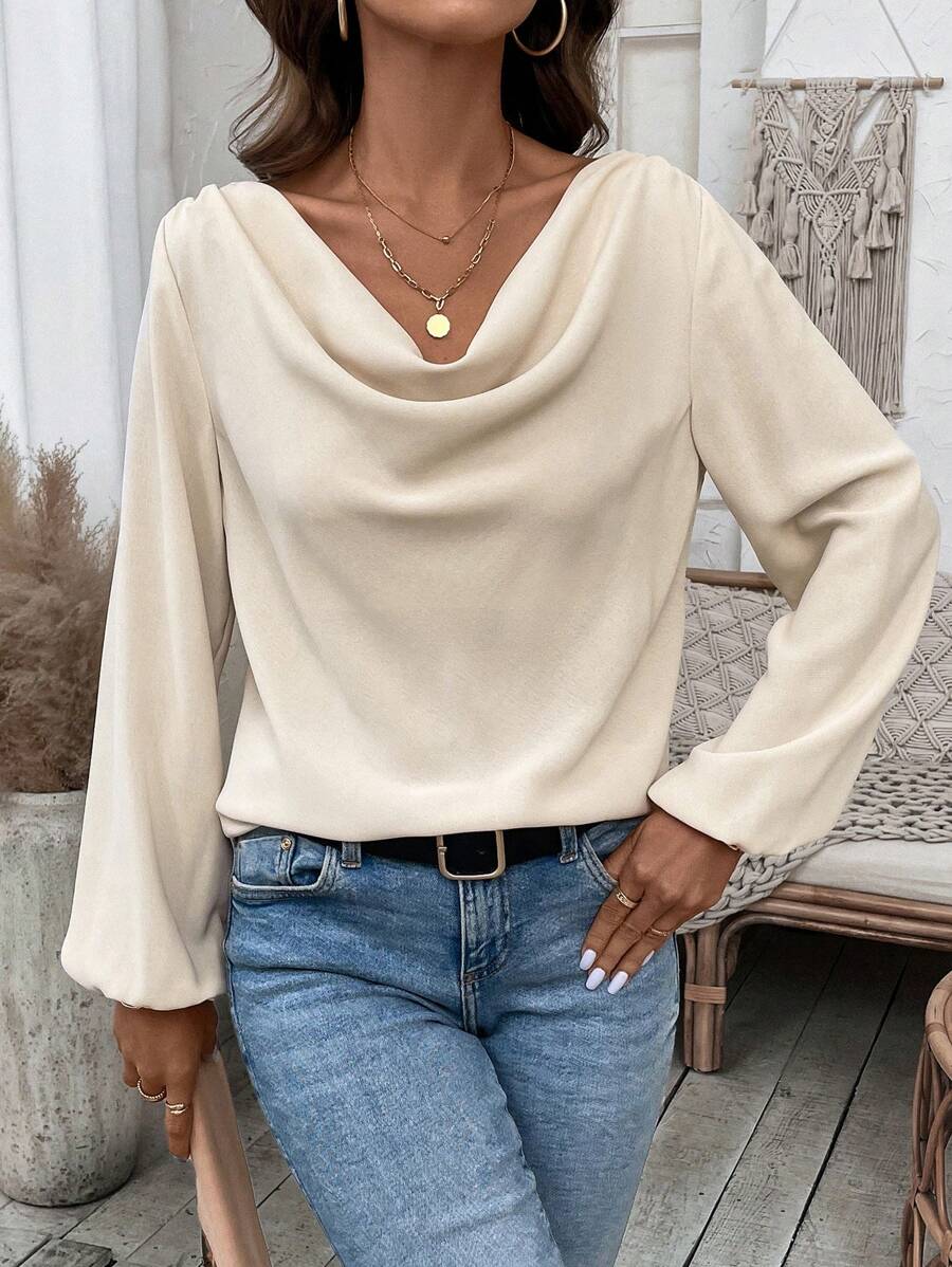 SHEIN Clasi 女士純色翻領燈籠袖襯衫 - 杏色 - 查看 1