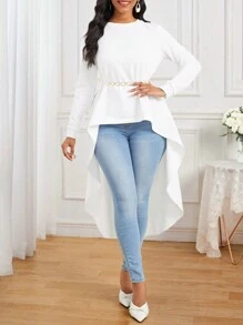 SHEIN Lady Của phụ nữ Hem cao-thấp Áo sơ mi - trắng - Xem 6