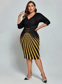 SHEIN Clasi 大尺碼女用條紋圓點修身連身裙 - 黃色 - 查看 5