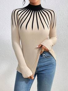 Aidyla Slim Fit Color Block Knitted Sweater,Long Sleeve Tops Fall Winter - Apricot - View 3