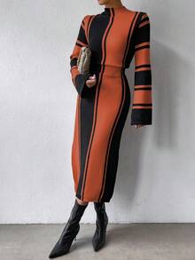 SHEIN Privé Women's Stand Collar  Flared Sleeve Striped Sweater Dress - Multicolor - View 3