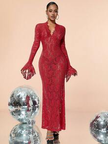 情人节喇叭袖蕾丝美人鱼下摆连衣裙，女士哥特式性感万圣节服装，圣诞礼服，婚礼宾客礼服 - 酒紅色 - 查看 3