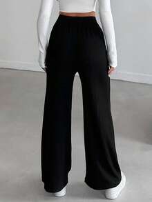 SHEIN Cottnline Women's Solid Color Wide Leg Long Pants - Black - View 2