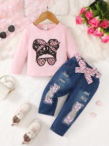 Baby Girls' Personality Printed Long Sleeve Top And Denim Pants Set