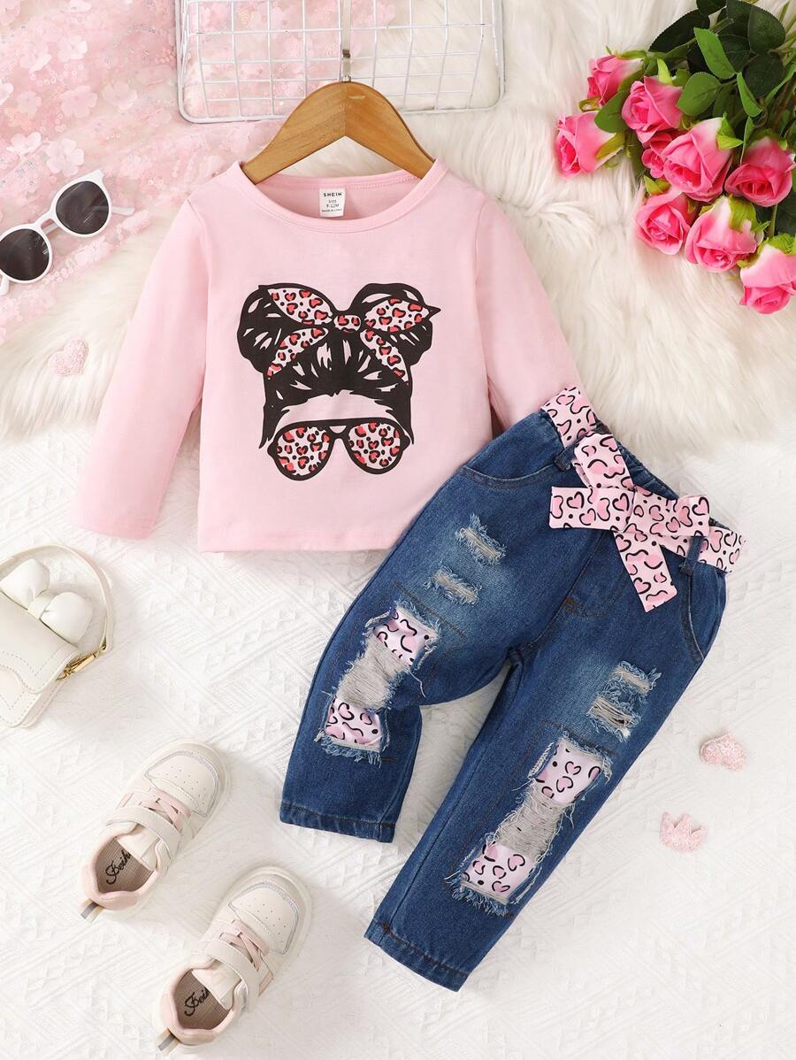 Baby Girls' Personality Printed Long Sleeve Top And Denim Pants Set