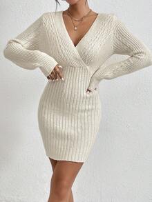 SHEIN Privé Màu thuần Cổ chữ V Đầm Áo len - Màu be - Xem 6