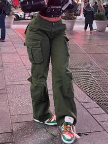 NVFelix 2025 Summer New Women's Cargo Pants Y2K Millennium Style High-Waist Straight-Leg Pocket Jeans Solid Color Wide-Leg Casual Trousers - 軍綠色 - 查看 1