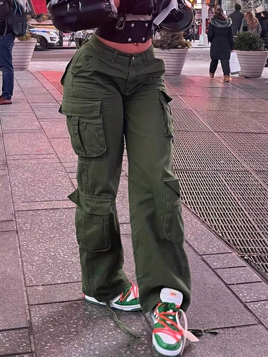 NVFelix 2025 Summer New Women's Cargo Pants Y2K Millennium Style High-Waist Straight-Leg Pocket Jeans Solid Color Wide-Leg Casual Trousers - 軍綠色 - 查看 1