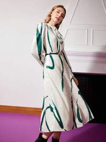MOTF PREMIUM Vestido De Velvet Abstracto Con Cuello Anudado - Multicolor - Ver 3