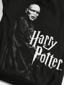 Harry Potter | ROMWE Men Character And Letter Printed Hooded Long Sleeve Sweatshirt - Black - View 3
