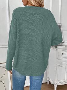 SHEIN LUNE Women's Solid Color Drop Shoulder Sweater - Olive Green - View 2