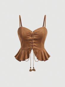 SHEIN MOD Plus Size Women's Tie Shoulder Ruffle Hem Cami Top - Brown - View 1