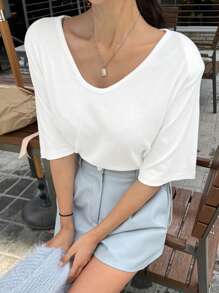 DAZY Của phụ nữ Màu thuần Vòng cổ Ngắn tay Áo thun - trắng - Xem 1