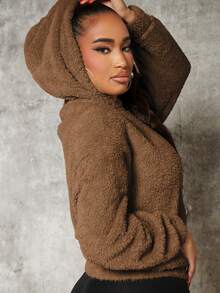 SHEIN SXY Của phụ nữ Màu thuần Thả vai Sang trọng Áo nỉ - màu nâu - Xem 7
