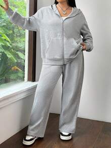 SHEIN EZwear Plus Size Solid Color Hooded Hoodie And Pants Set - Grey - View 5