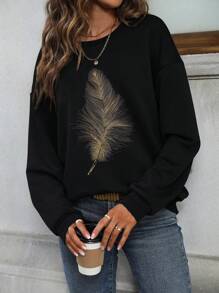 SHEIN LUNE 女式羽毛印花下垂肩運動衫