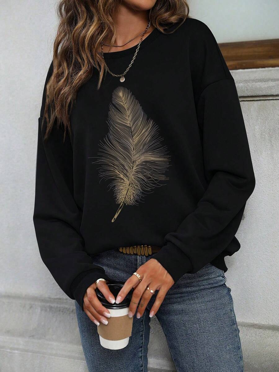 SHEIN LUNE 女式羽毛印花下垂肩運動衫