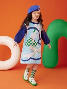 To lớn Cô gái Mô hình Cartoon Khối màu Đầm Áo len Với Tròn Đường viền cổ áo - Màu xanh lam - Xem 3