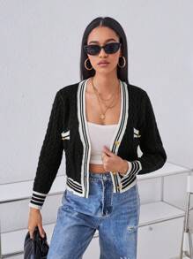 SHEIN Essnce Của phụ nữ Sọc Áo len Mở - Nhiều màu - Xem 3