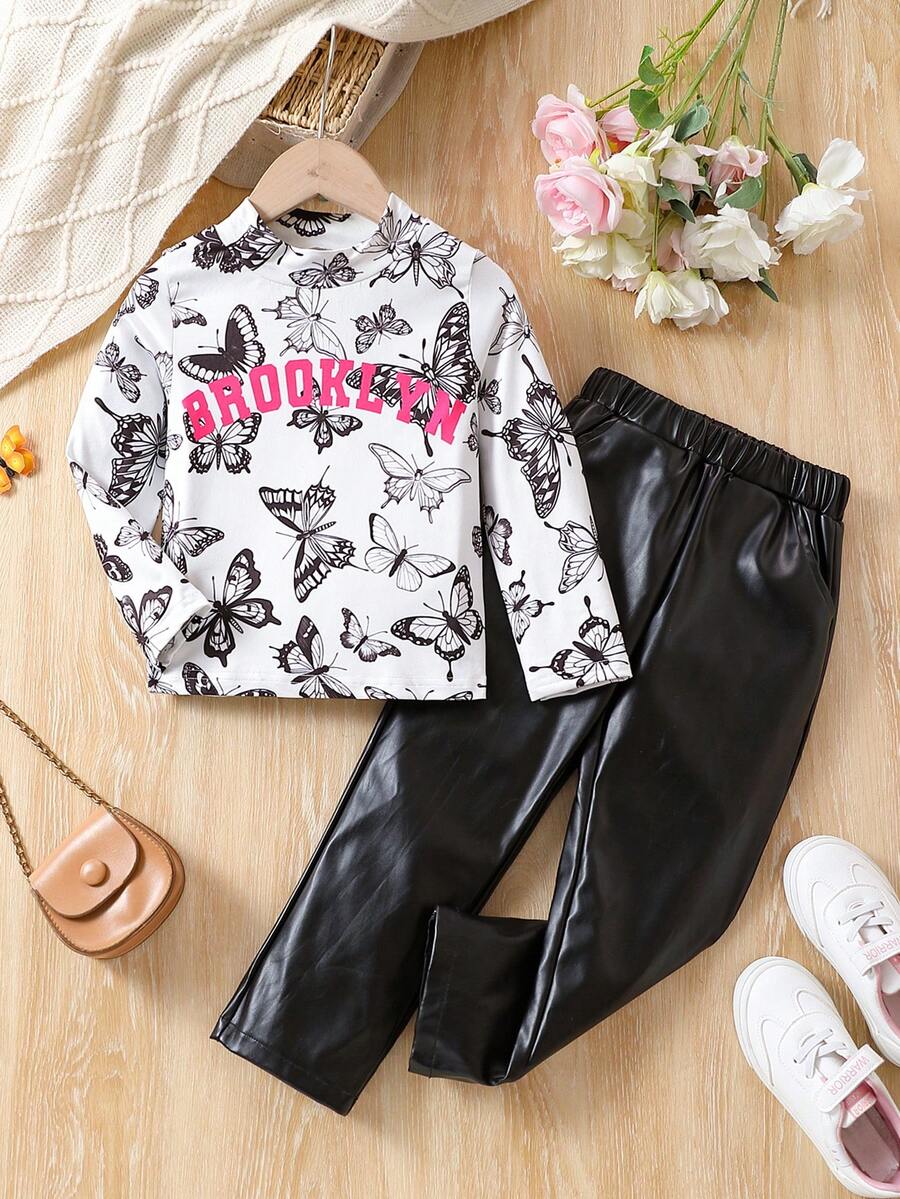 SHEIN Nhỏ bé Cô gái Loại bướm In Áo thun Và Da giả Quần Bộ - Nhiều màu - Xem 1