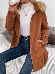 SHEIN LUNE Fuzzy Trim Hooded Corduroy Coat - Coffee Brown - View 4