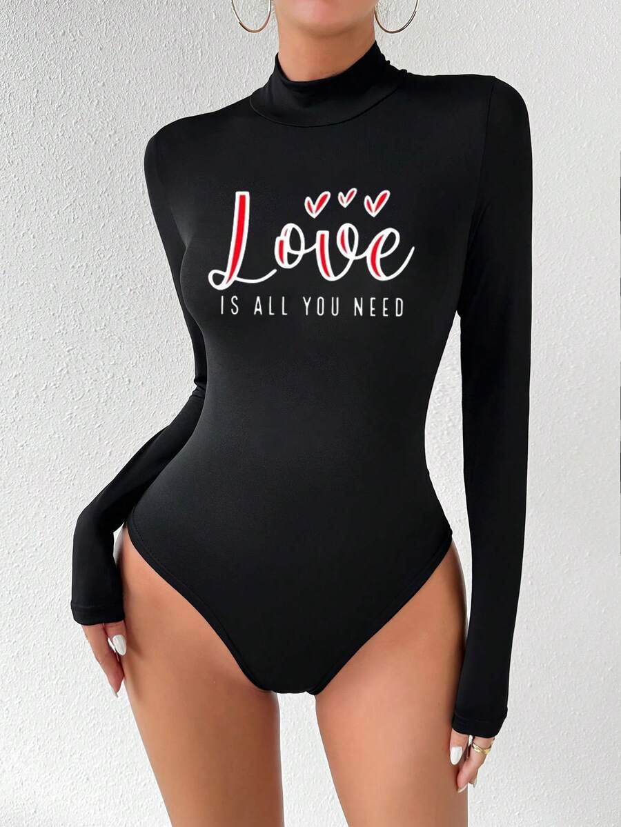 SHEIN EZwear Cut-out Stand Collar Letter Pattern Bodysuit - Black - View 1