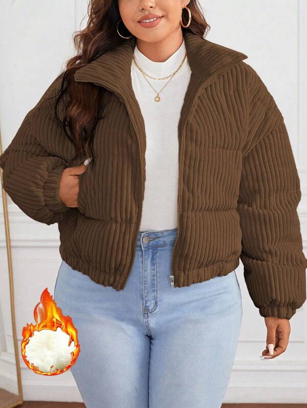 SHEIN Essnce Abrigo acolchado con cremallera y hombros caídos de pana talla grande, para invierno