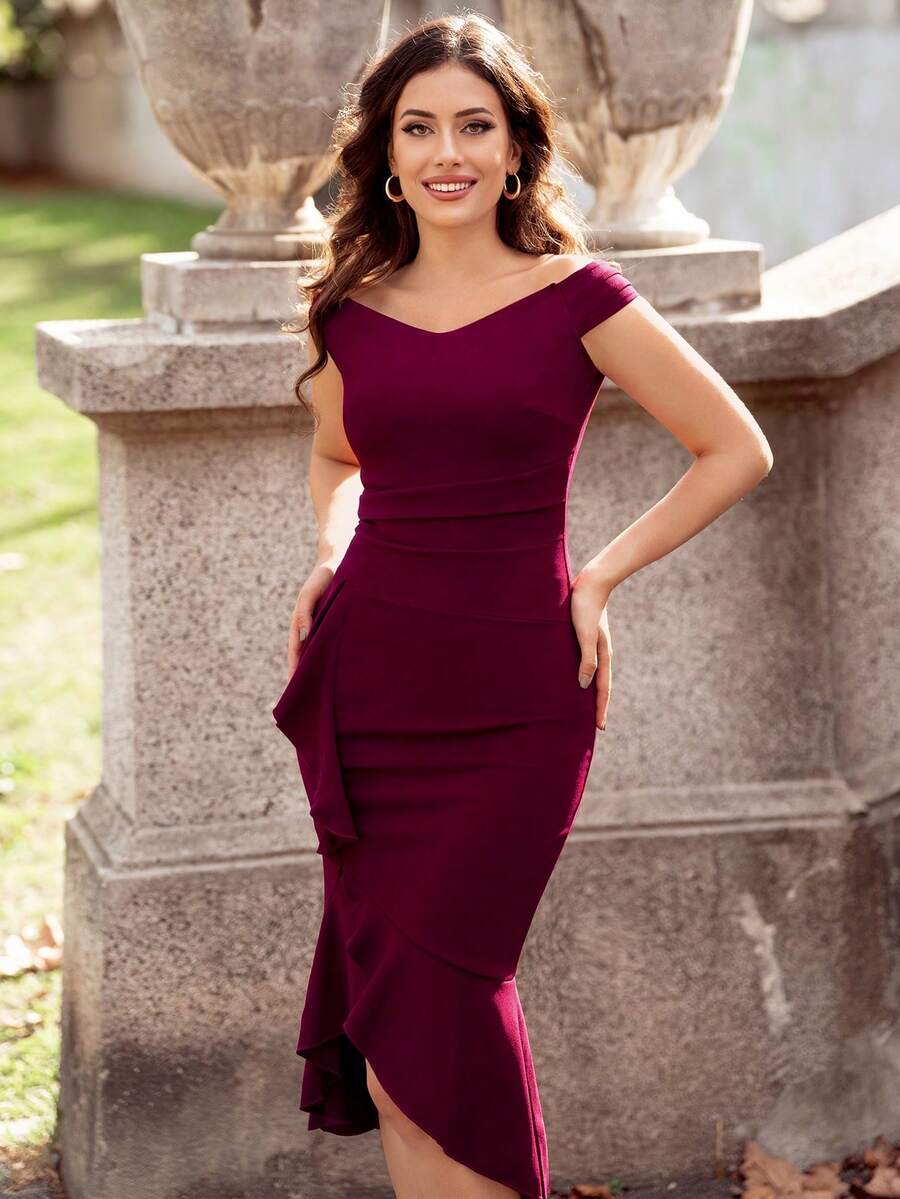 MIUSOL Off Shoulder Ruffle Trim Mermaid Wrap Hem Fitted Cocktail Party Dress