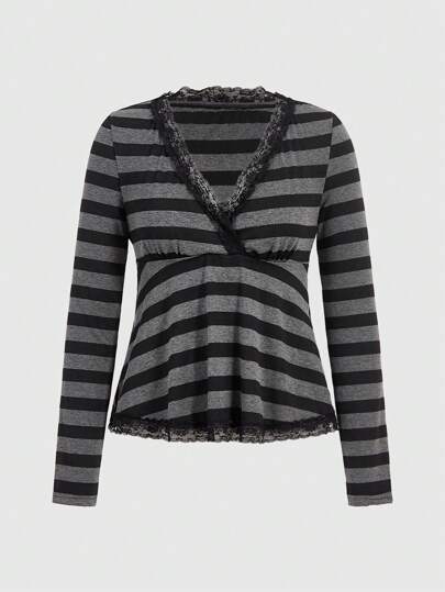 ROMWE Goth Lace Trimmed Striped T-Shirt