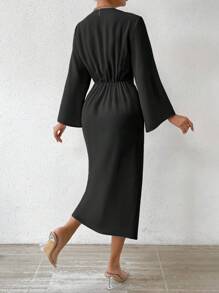 Chiquease Women's Solid Color V Neck Twist Waist Dress - Black - View 2