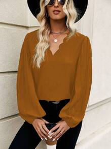 SHEIN LUNE Solid Color Scallop Hem Collar Shirt - Coffee Brown - View 5