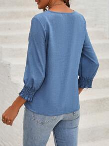 EMERY ROSE 纯色圆领衬衫，七分袖上衣 - 藏蓝色 - 查看 2