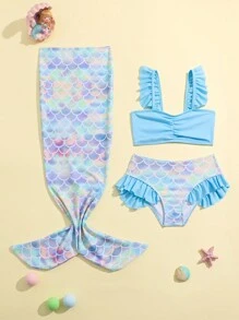 Conjunto de bikini con estampado de sirena para niña, verano playa - Azul - Ver 1