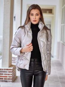 SHEIN Unity Women's Plain Color Stand Collar Padded Padded Coat, Casual For Winter Clothes - Apricot - View 4