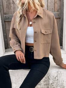 Chiquease Women's Drop Shoulder Waffle Grid Jacket - Khaki - View 3