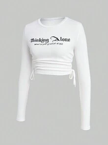 SHEIN Unity 字母印花圓領束腰側邊t恤 - 白色 - 查看 3