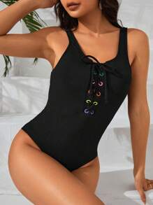 SHEIN Swim 夏季女士连体泳衣（带吊带） - 黑色 - 查看 6