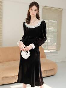 女式法式复古蕾丝拼布天鹅绒长裙 - 黑色 - 查看 5