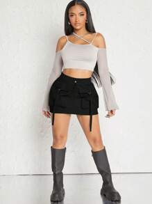 Denimoi Cargo Strap Pocket Drawstring Skirt For Summer - Black - View 4