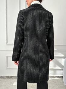 SHEIN Cottnline Abrigo De Lana Negro Con Rayas Para Mujer Con Botones De Un Solo Pecho - Negro - Ver 2